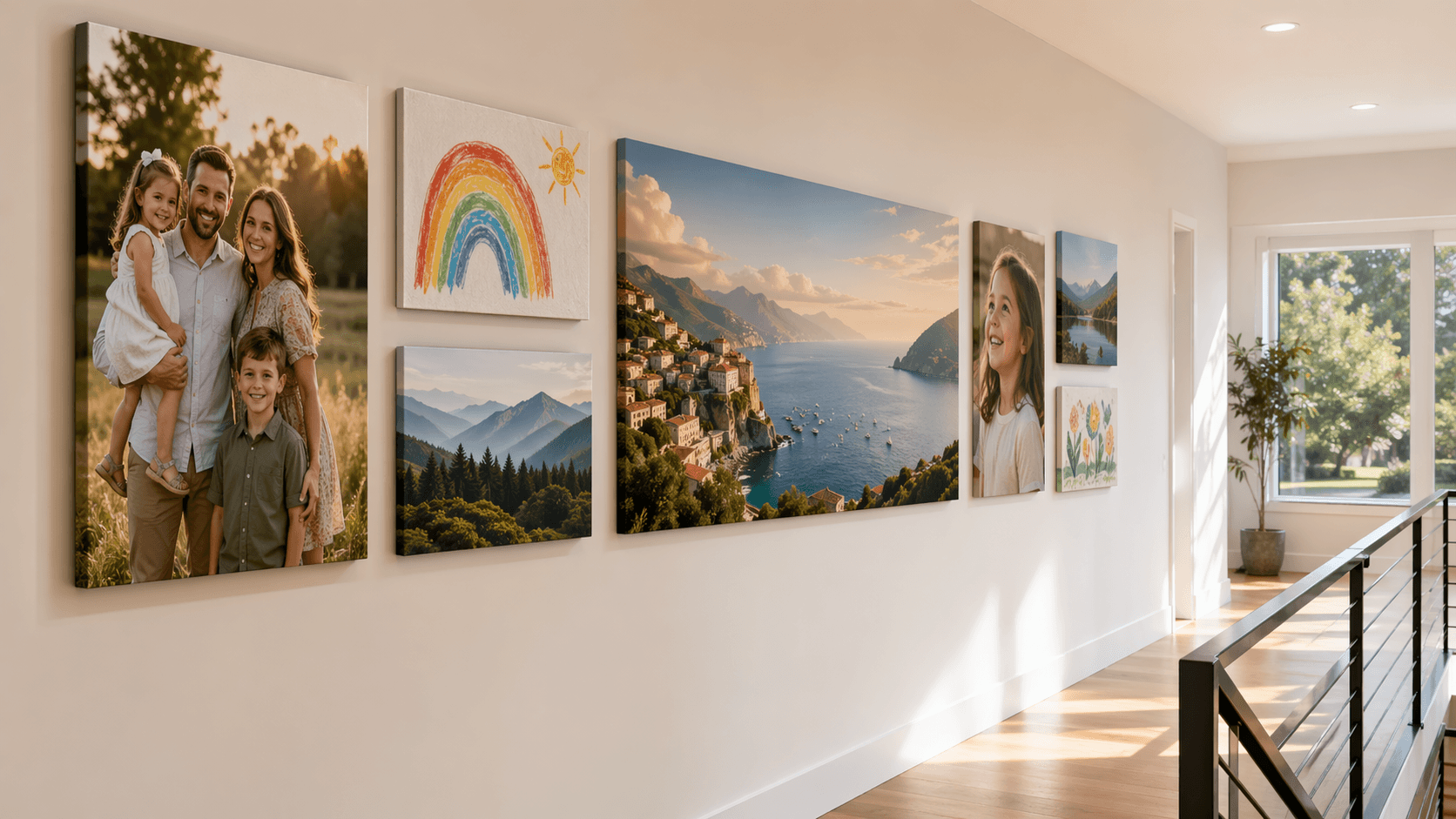 Gallery wall of family photos and art on canvas