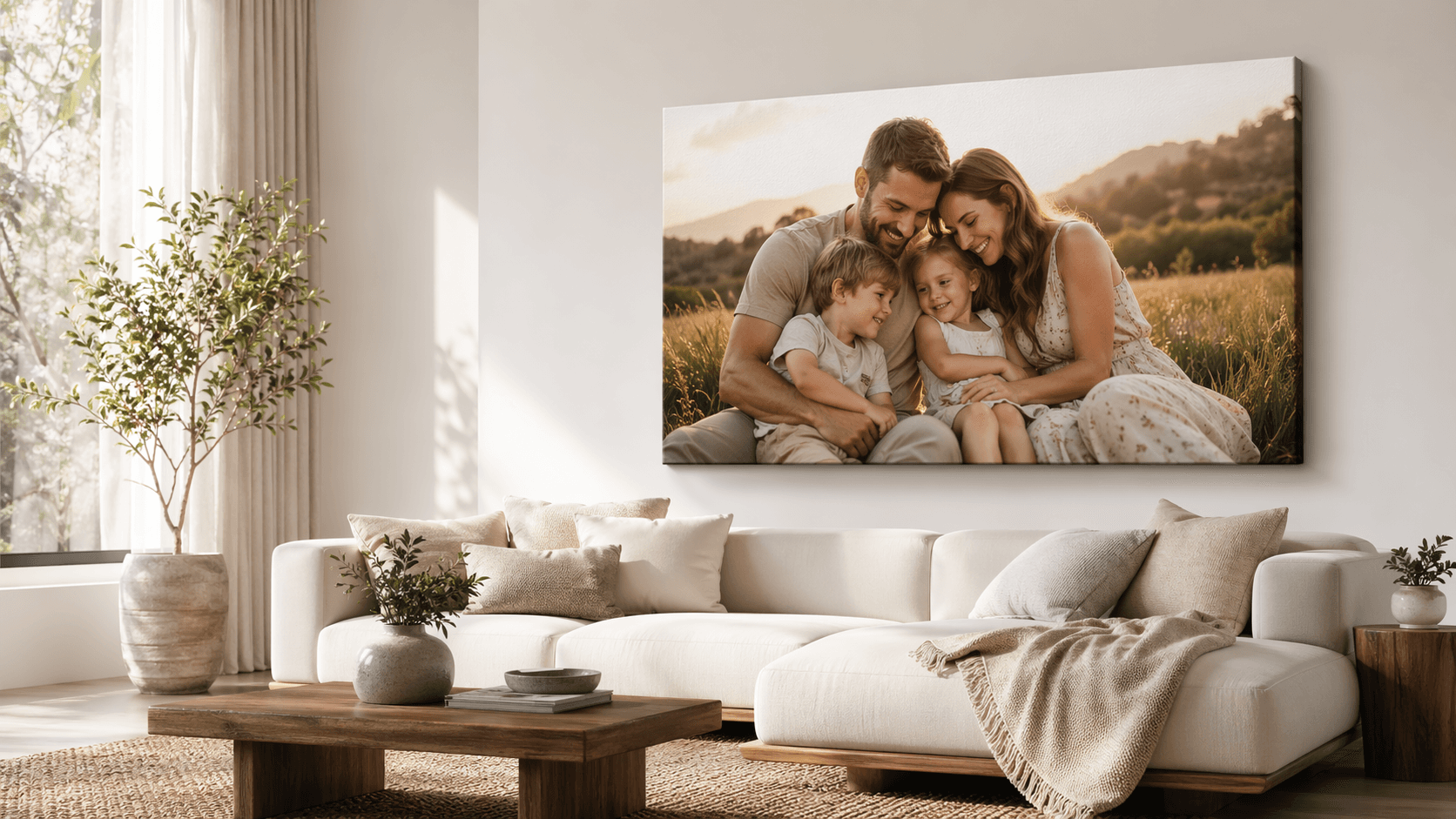 Large wrapped family canvas displayed above a premium sofa