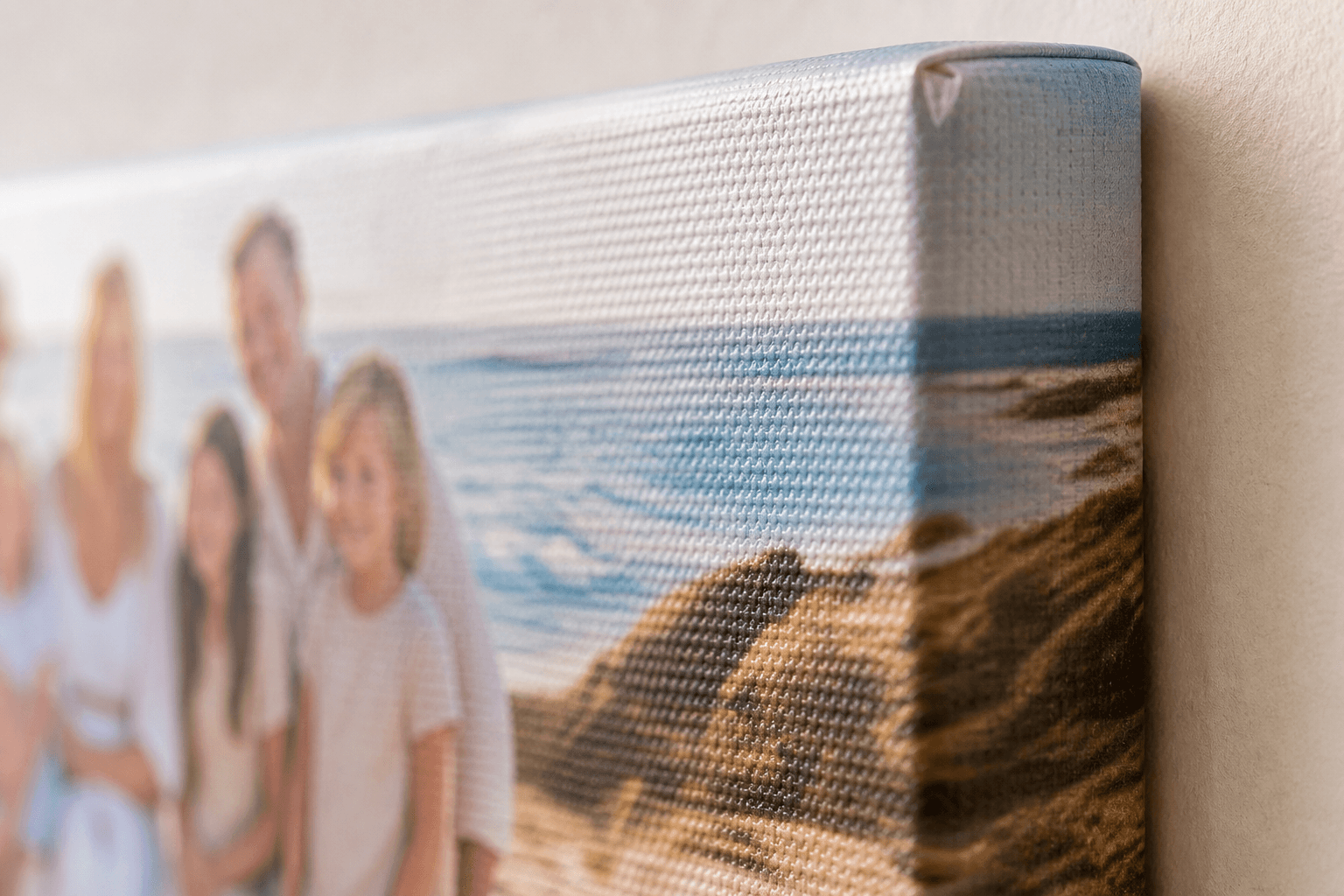 Close-up of a premium wrapped canvas corner showing canvas texture and printed detail