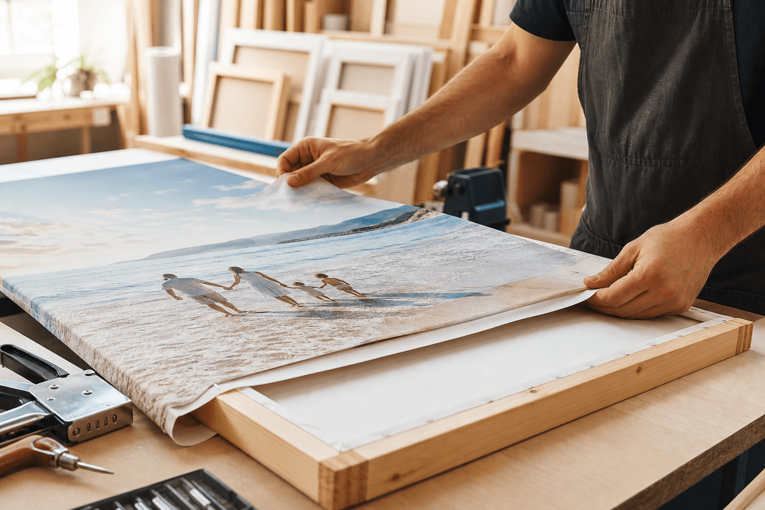 Hands stretching a printed family canvas over a timber frame in a clean workshop