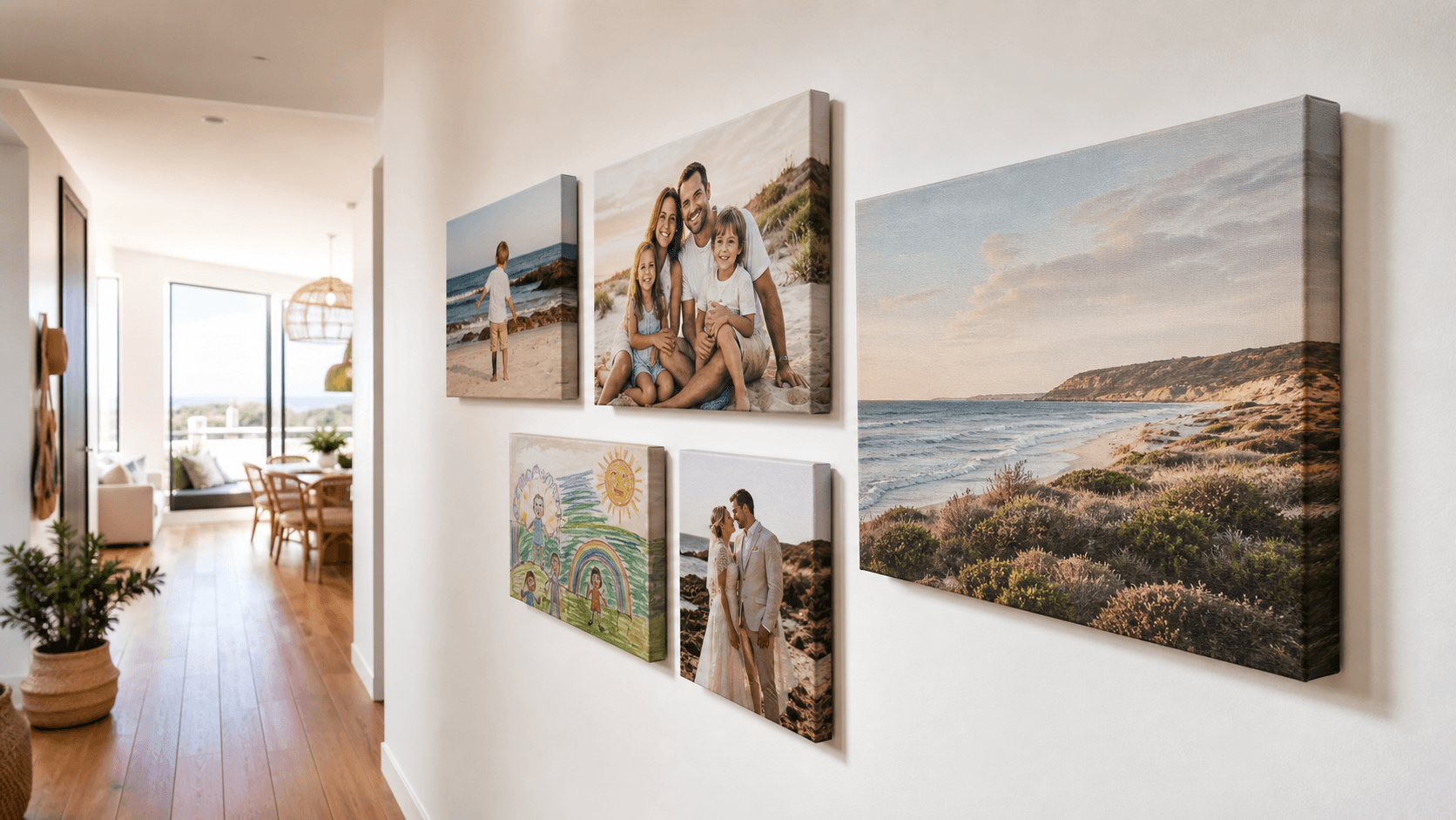 Angled hallway gallery wall showing finished stretched canvas prints with visible side depth
