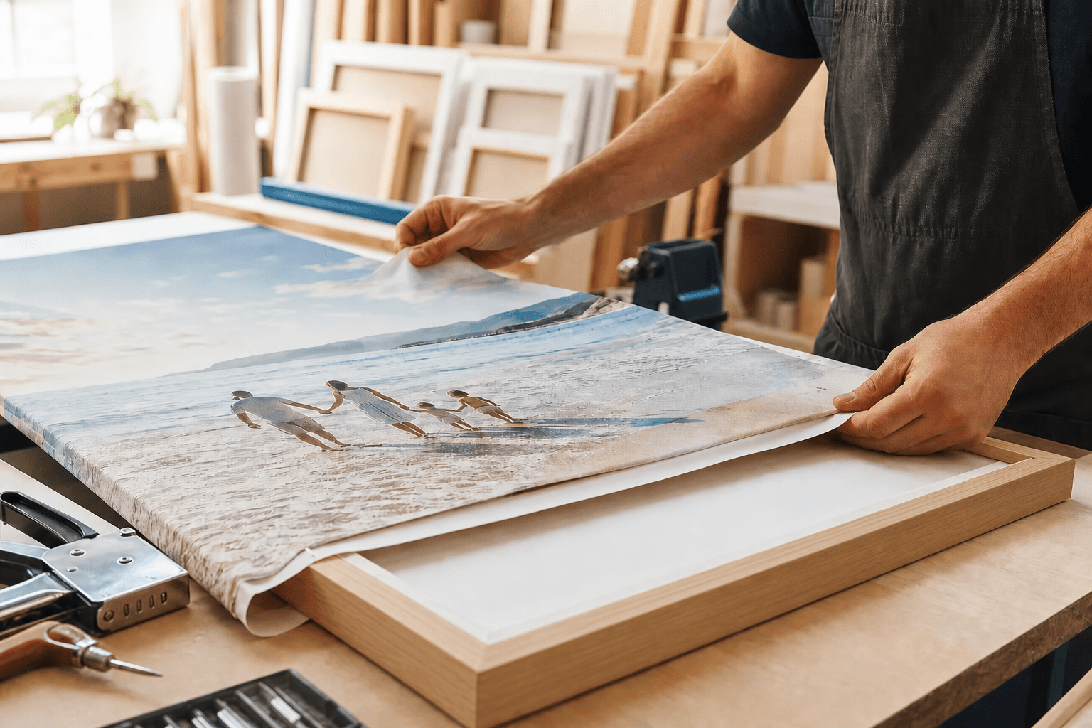 Hands stretching a printed family canvas over a light timber frame in a clean workshop
